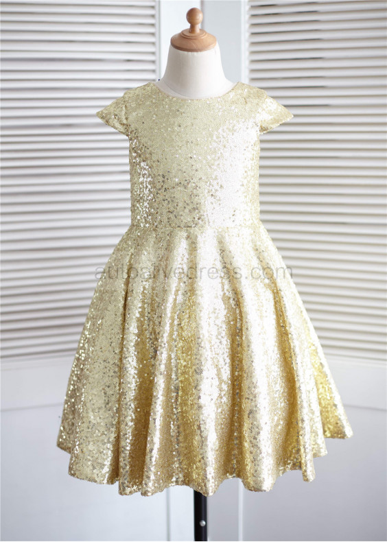 Cap Sleeves Gold Sequin Classic Flower Girl Dress Birthday Party Dress